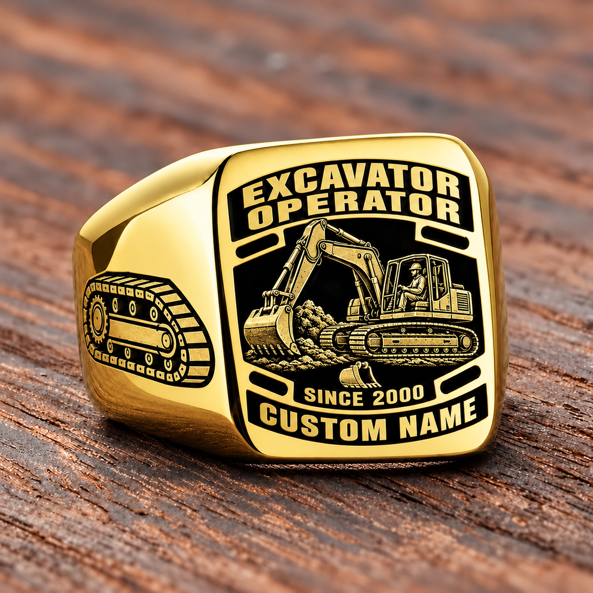 Excavator Operator Black Face Badge ring in Gold, showing CUSTOM NAME and SINCE 2000