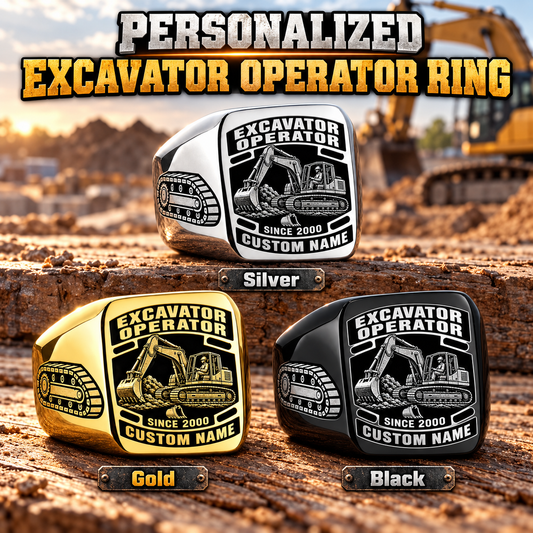 Excavator Operator Black Face Badge personalized ring in Silver, Gold and Black with CUSTOM NAME and SINCE 2000 on a excavator operator-themed background