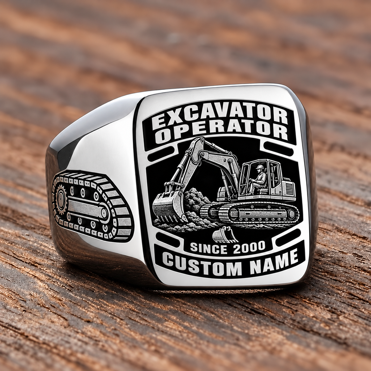 Excavator Operator Black Face Badge ring in Silver, showing CUSTOM NAME and SINCE 2000