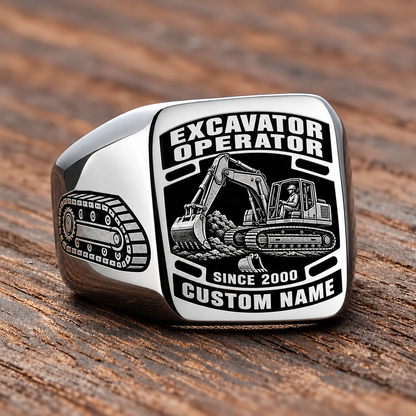 Excavator Operator Black Face Badge ring in Silver, showing CUSTOM NAME and SINCE 2000