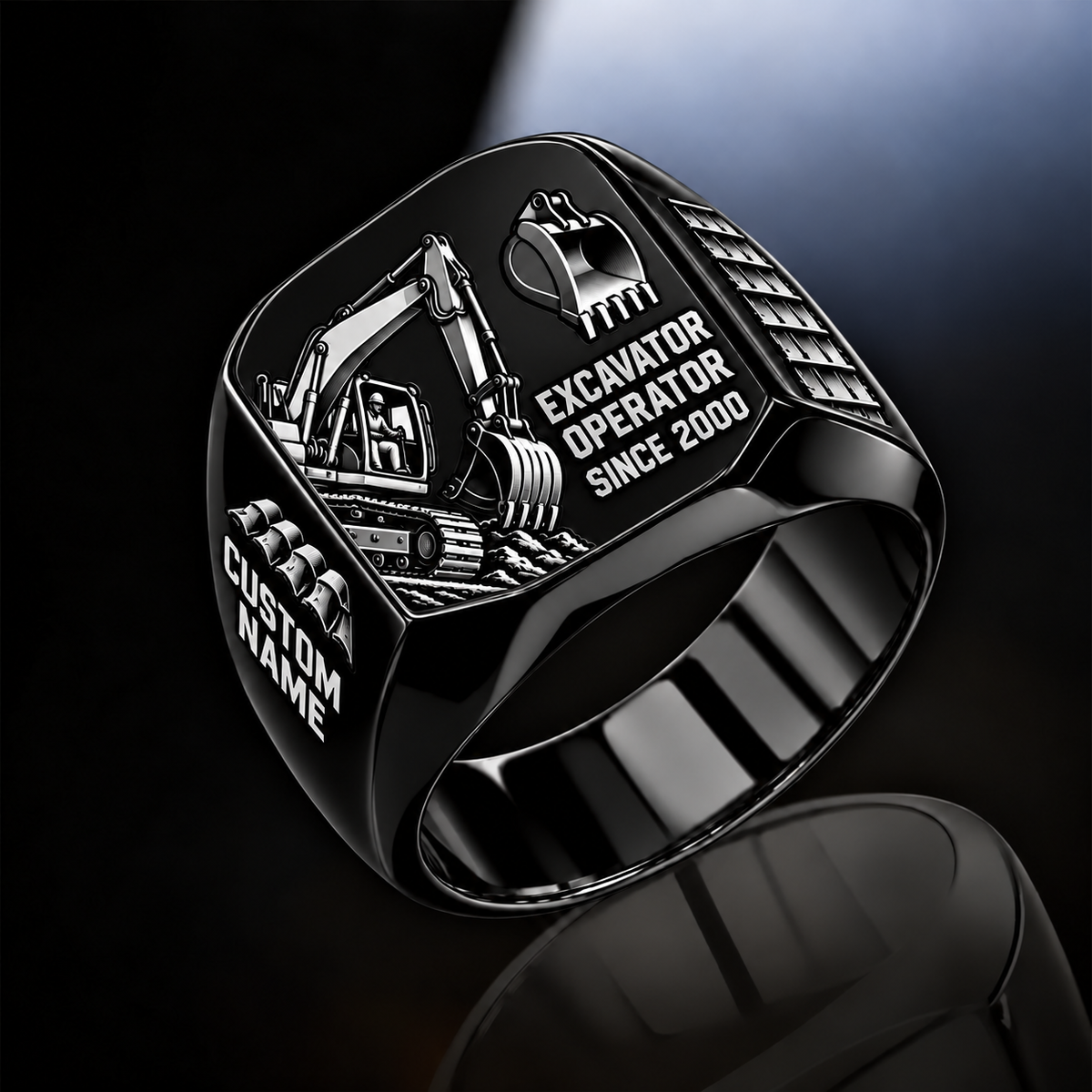 Excavator Operator Split Emblem ring in Black, showing CUSTOM NAME and SINCE 2000
