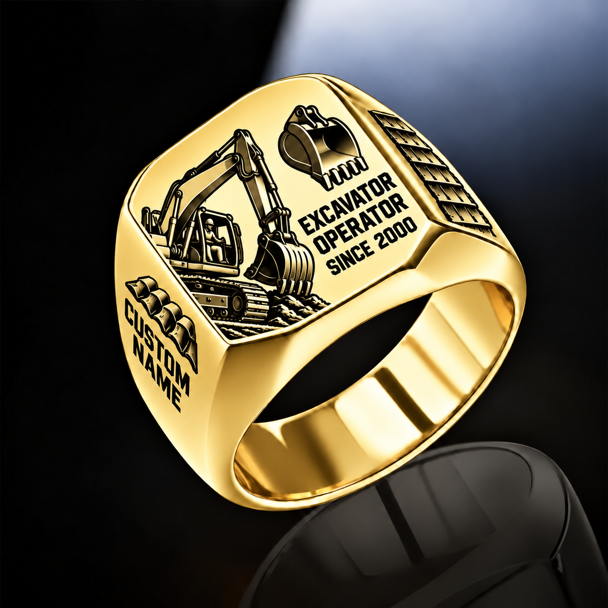Excavator Operator Split Emblem ring in Gold, showing CUSTOM NAME and SINCE 2000