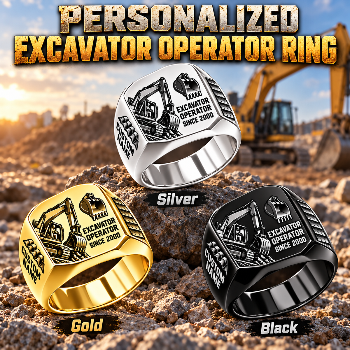 Excavator Operator Split Emblem personalized ring in Silver, Gold and Black with CUSTOM NAME and SINCE 2000 on a excavator operator-themed background
