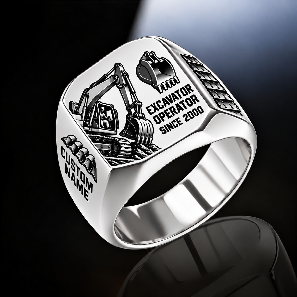 Excavator Operator Split Emblem ring in Silver, showing CUSTOM NAME and SINCE 2000