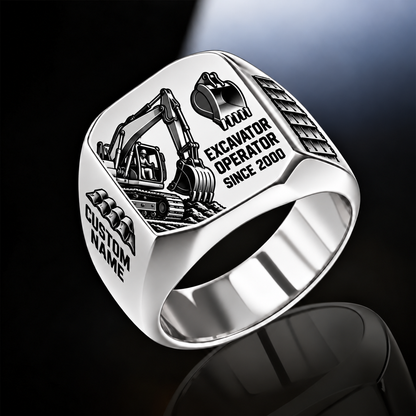 Excavator Operator Split Emblem ring in Silver, showing CUSTOM NAME and SINCE 2000