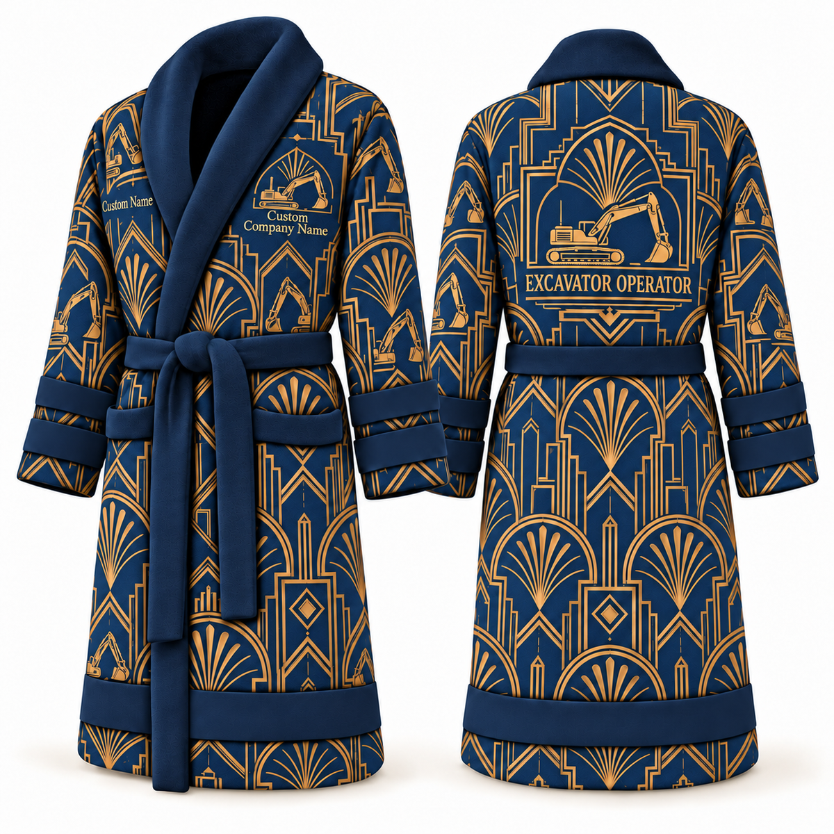 Personalized Excavator Operator Bathrobe - Art Deco Craft blue front and back view