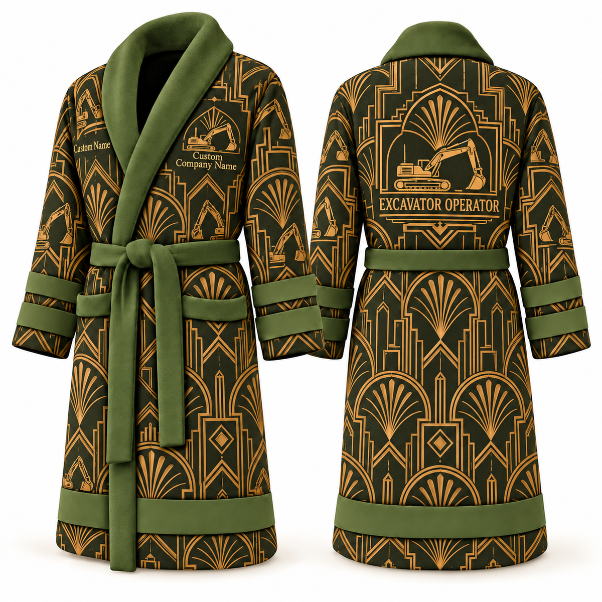 Personalized Excavator Operator Bathrobe - Art Deco Craft olive front and back view