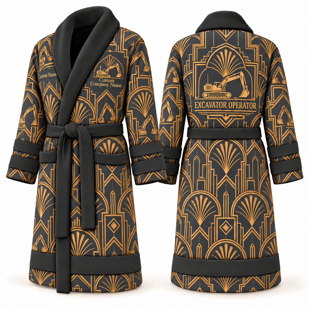 Personalized Excavator Operator Bathrobe - Art Deco Craft slate front and back view
