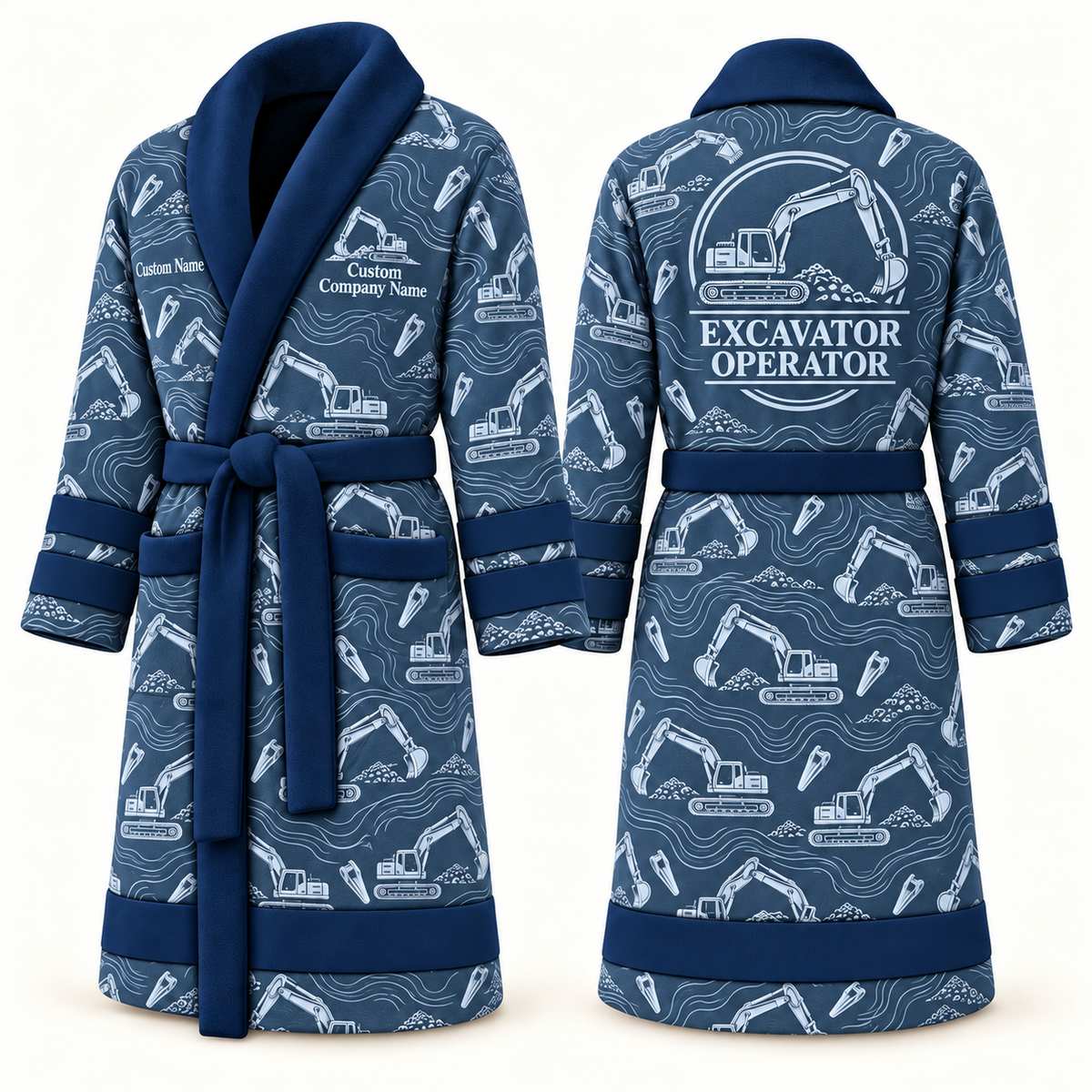Personalized Excavator Operator Bathrobe blue front and back
