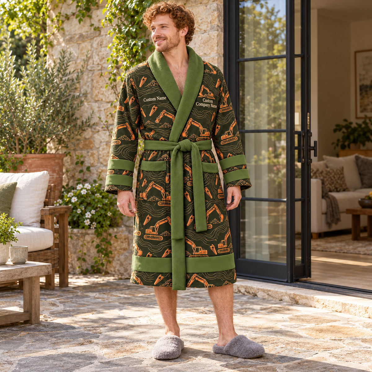 Personalized Excavator Operator Bathrobe Olive worn at home