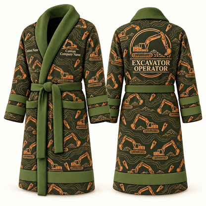 Personalized Excavator Operator Bathrobe olive front and back