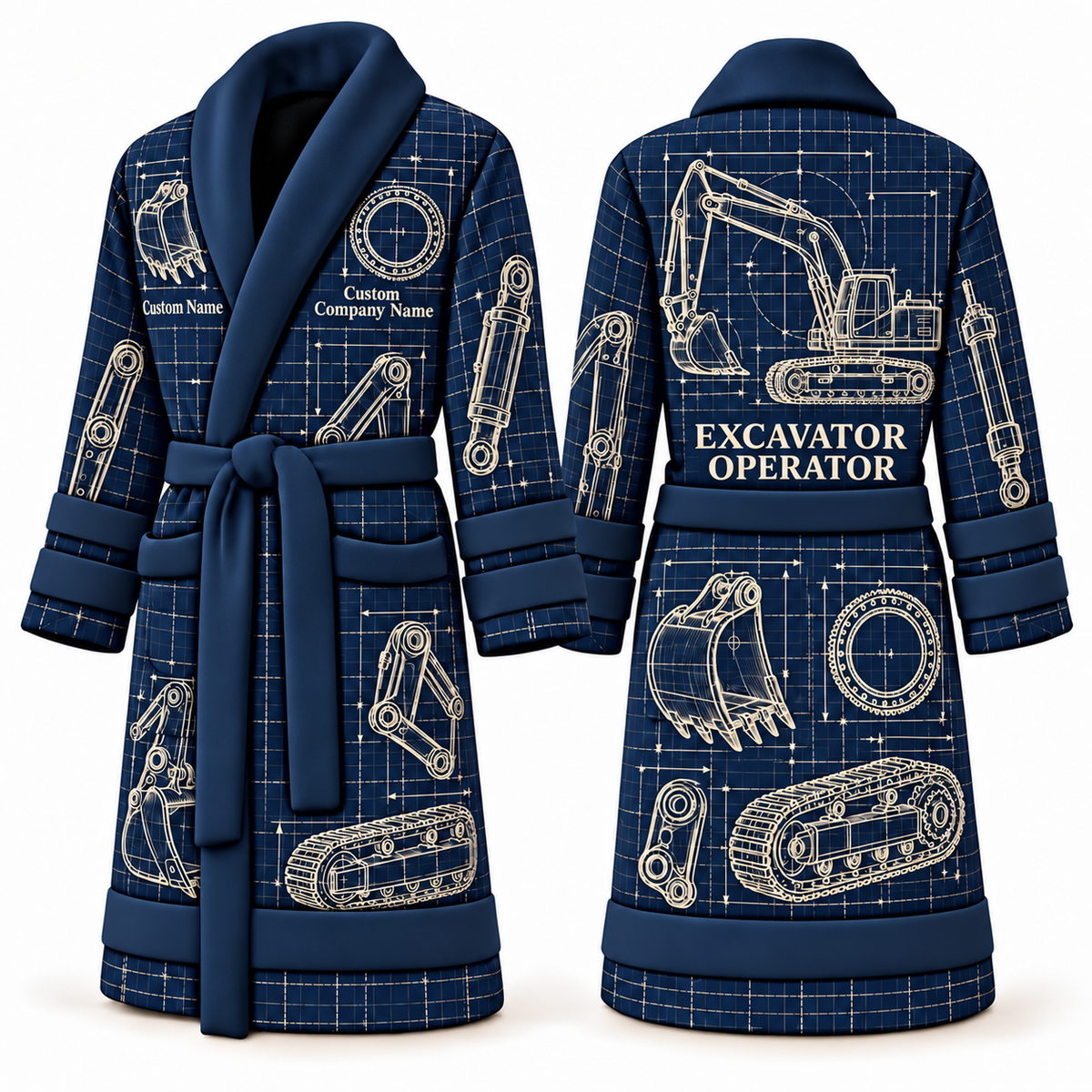 Personalized Excavator Operator Bathrobe - Blueprint Workshop blue front and back view