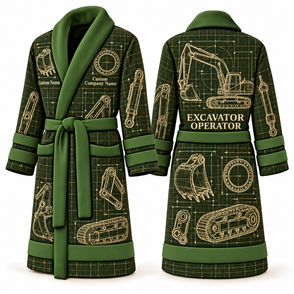 Personalized Excavator Operator Bathrobe - Blueprint Workshop olive front and back view