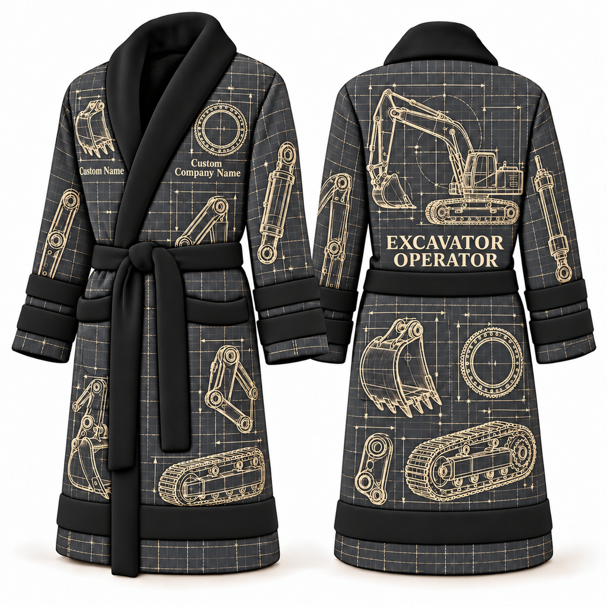 Personalized Excavator Operator Bathrobe - Blueprint Workshop slate front and back view