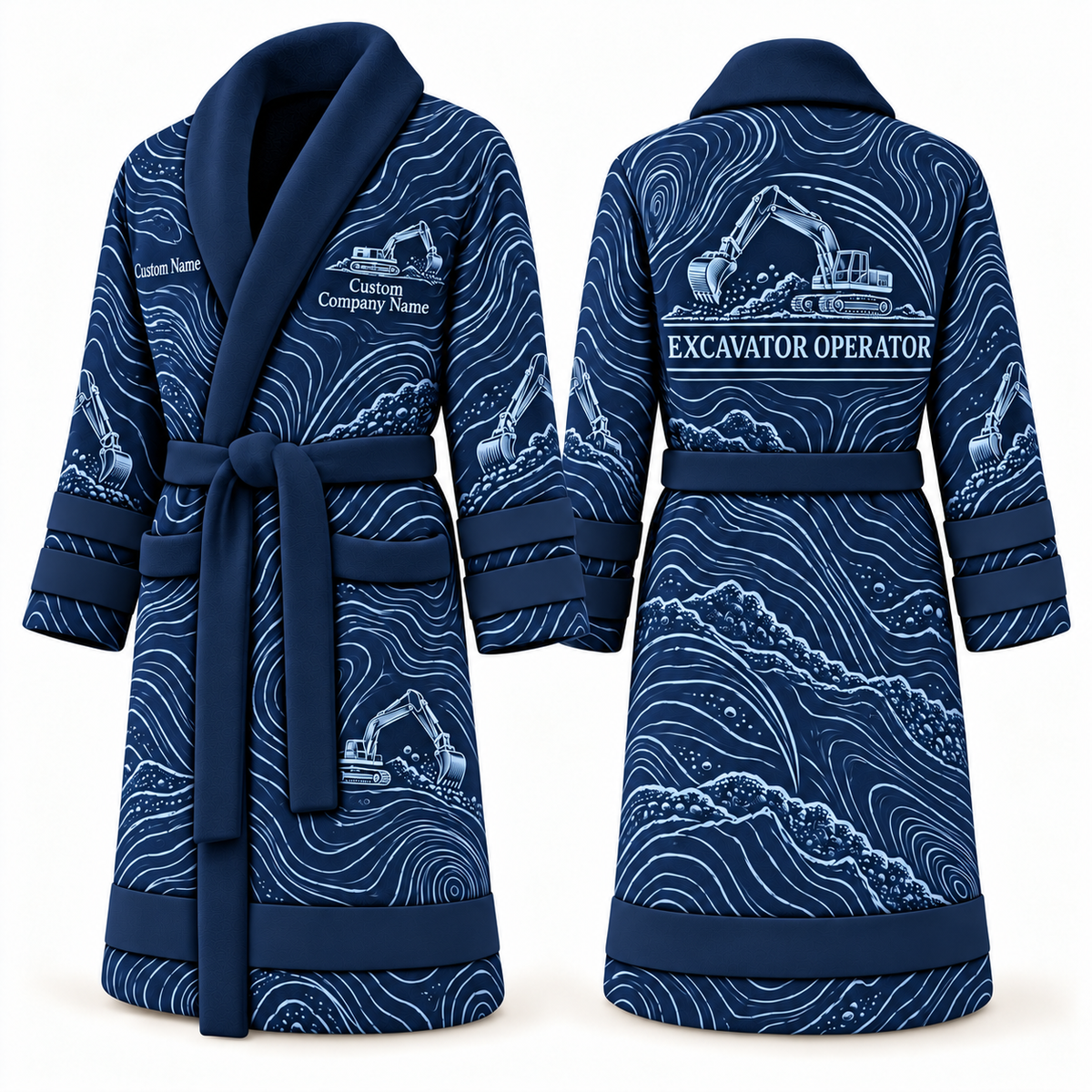 Personalized Excavator Operator Bathrobe - Contour Lines blue front and back view