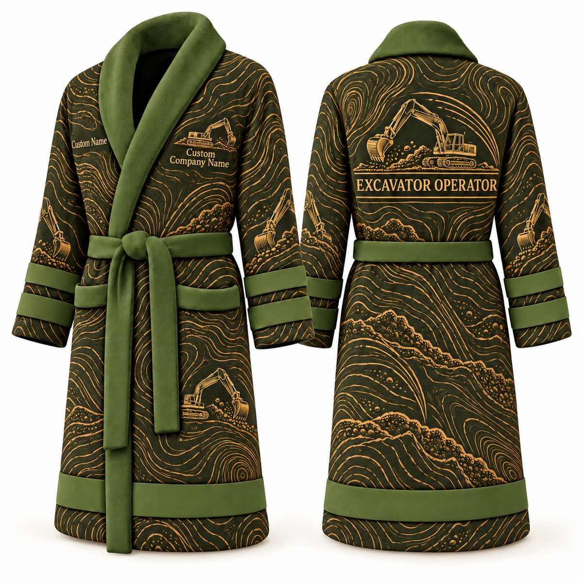 Personalized Excavator Operator Bathrobe - Contour Lines olive front and back view