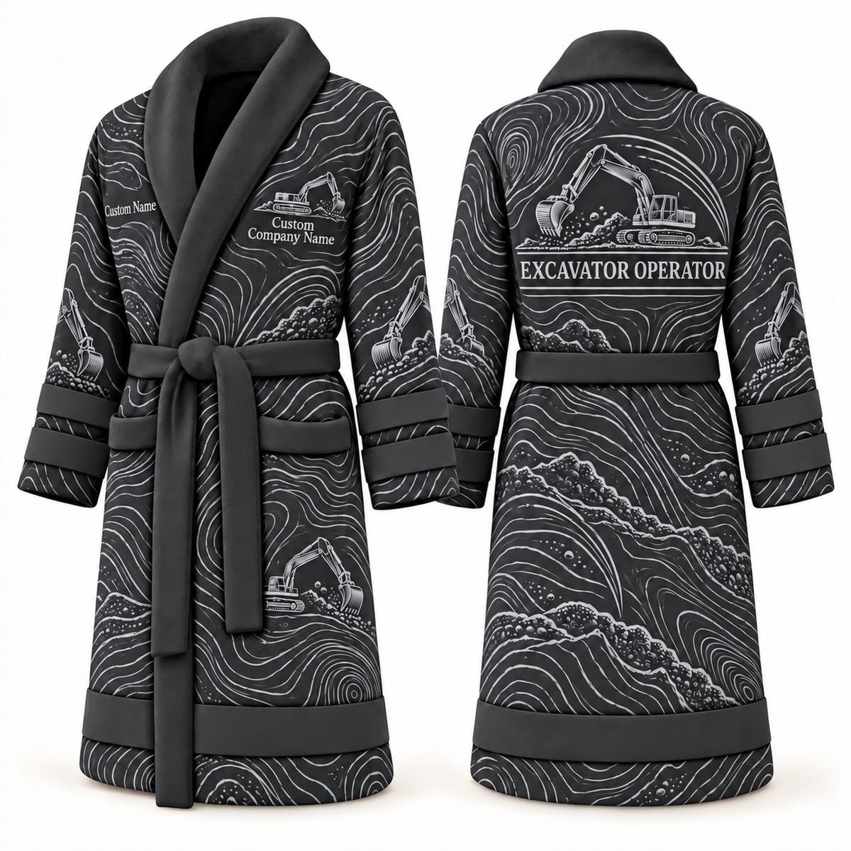 Personalized Excavator Operator Bathrobe - Contour Lines slate front and back view
