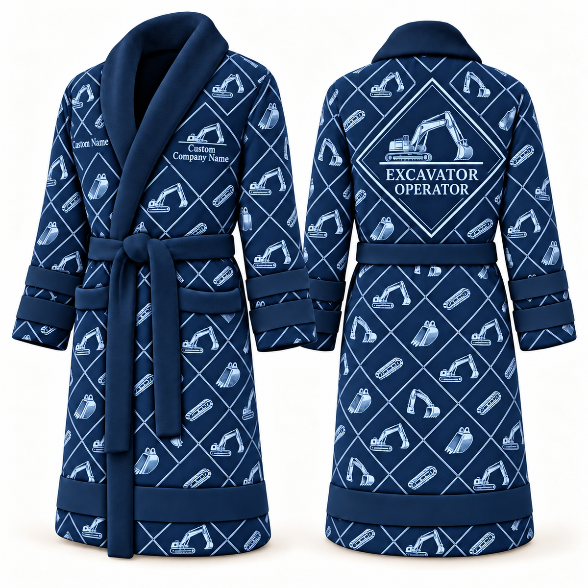 Personalized Excavator Operator Bathrobe - Diamond Emblems blue front and back view