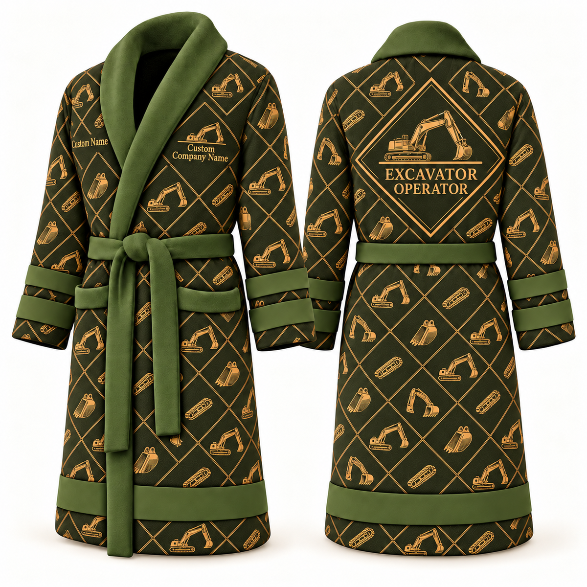 Personalized Excavator Operator Bathrobe - Diamond Emblems olive front and back view