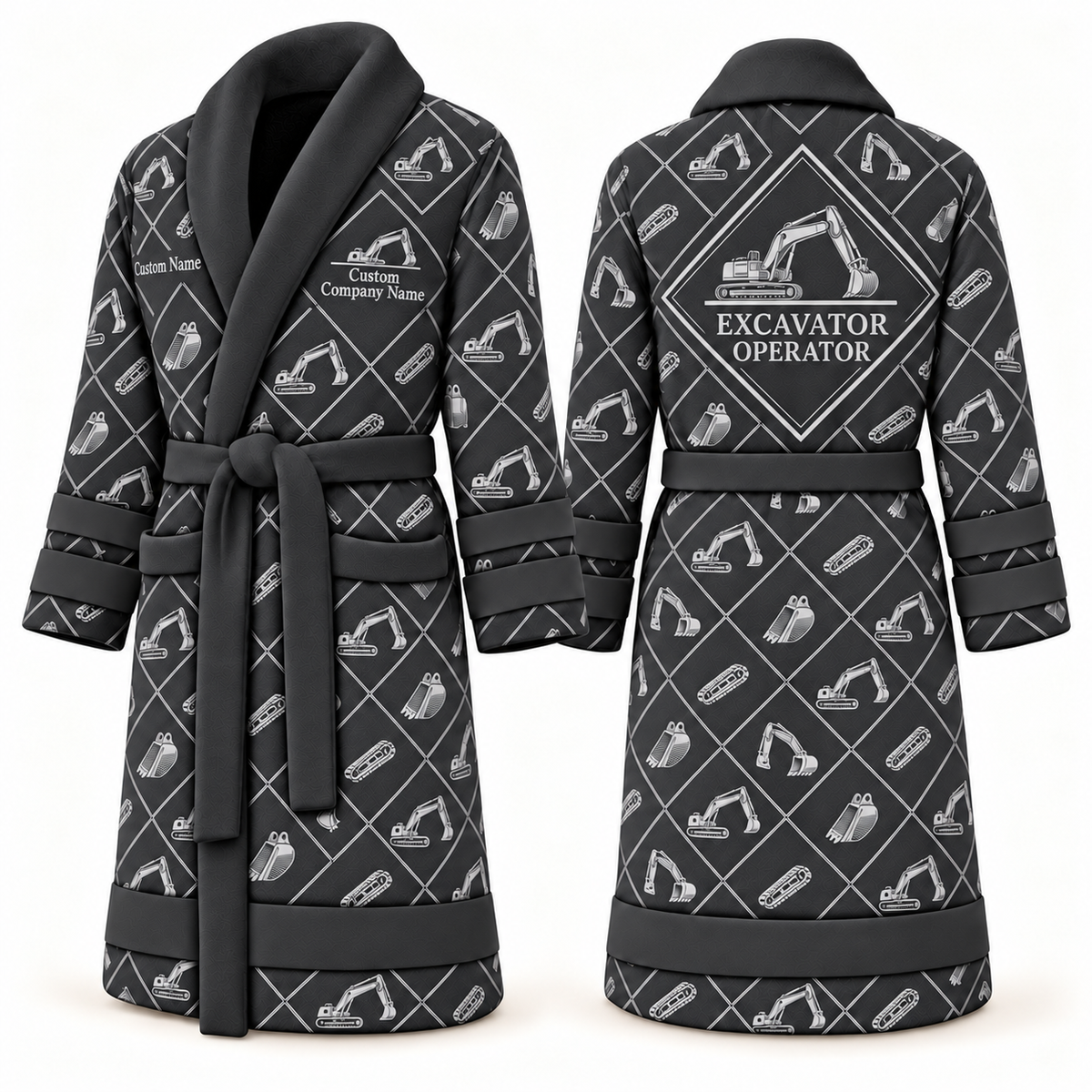 Personalized Excavator Operator Bathrobe - Diamond Emblems slate front and back view