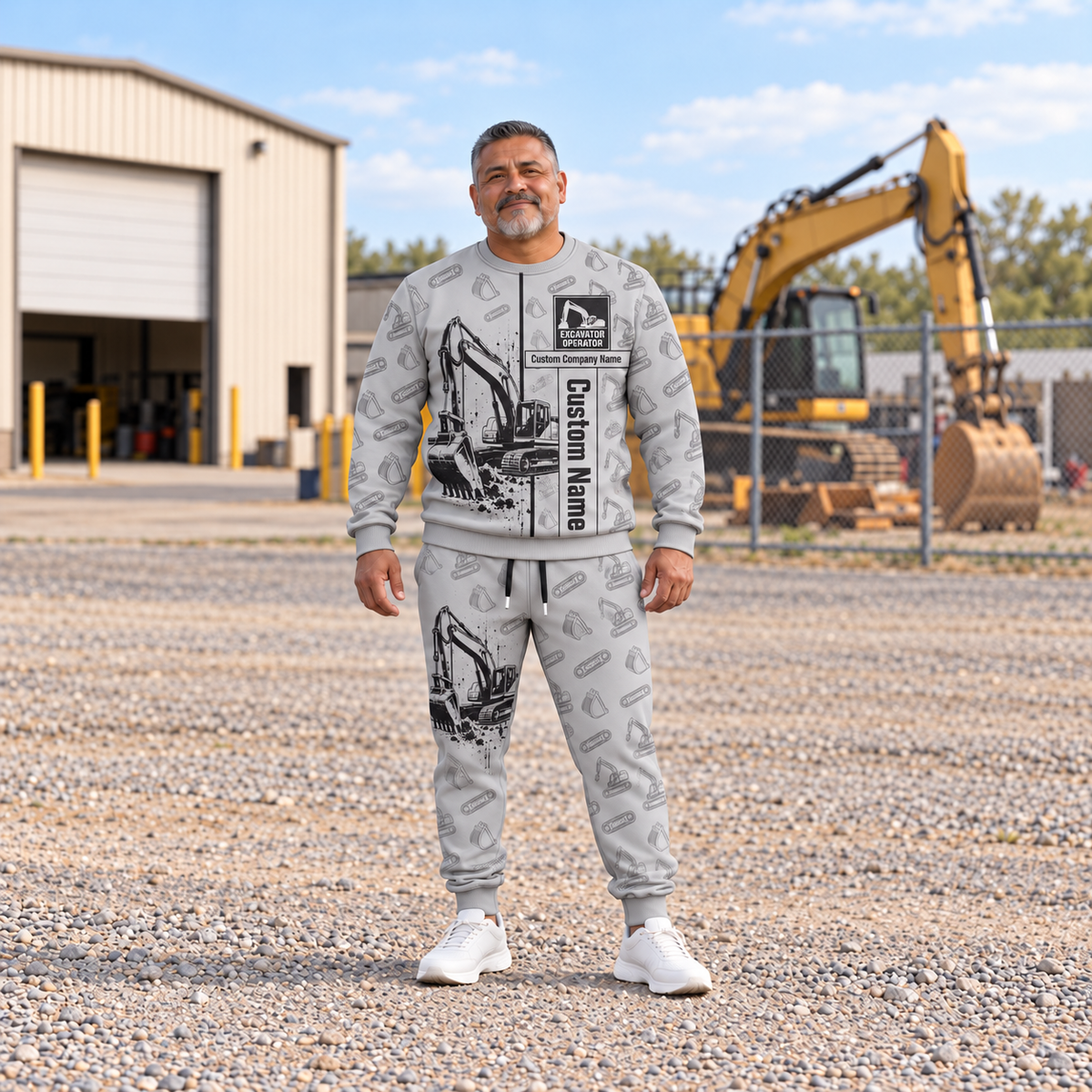 excavator operator occupation-themed sweater and jogger combo on a model with name and company artwork