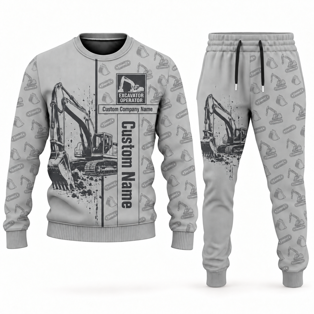 excavator operator occupation-themed sweater and jogger combo lightgray color with name and company artwork