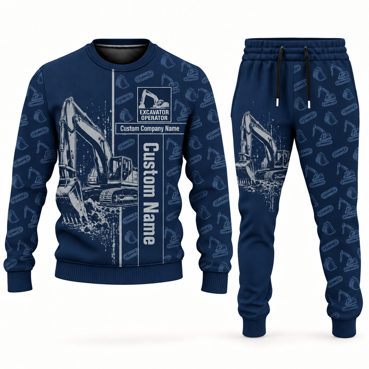 excavator operator occupation-themed sweater and jogger combo navy color with name and company artwork