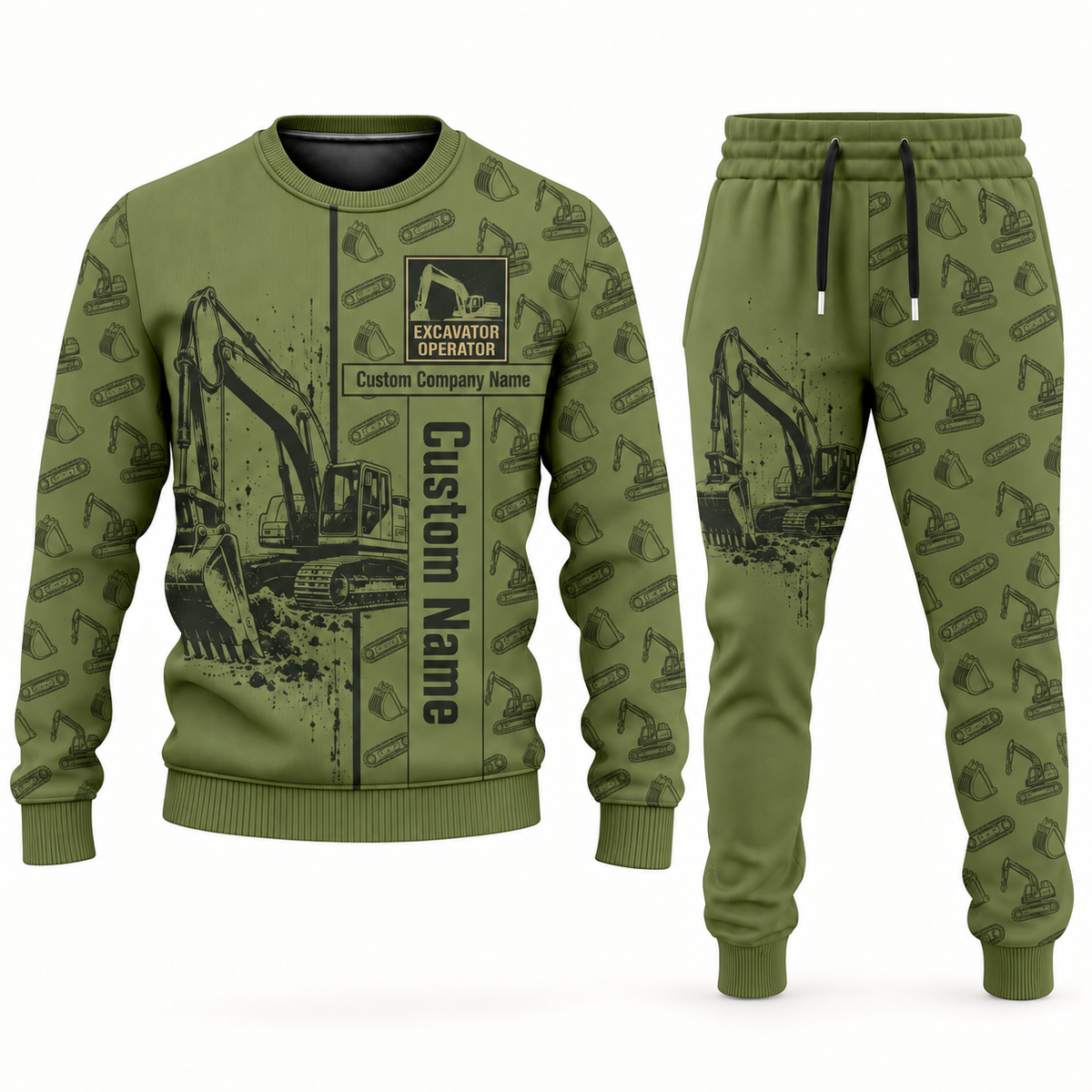 excavator operator occupation-themed sweater and jogger combo olive color with name and company artwork