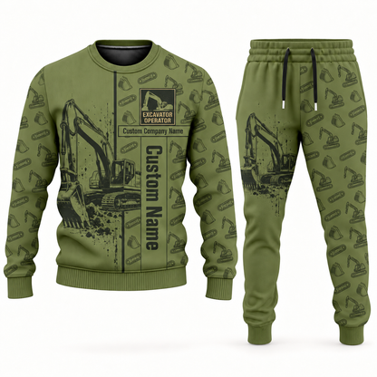 excavator operator occupation-themed sweater and jogger combo olive color with name and company artwork