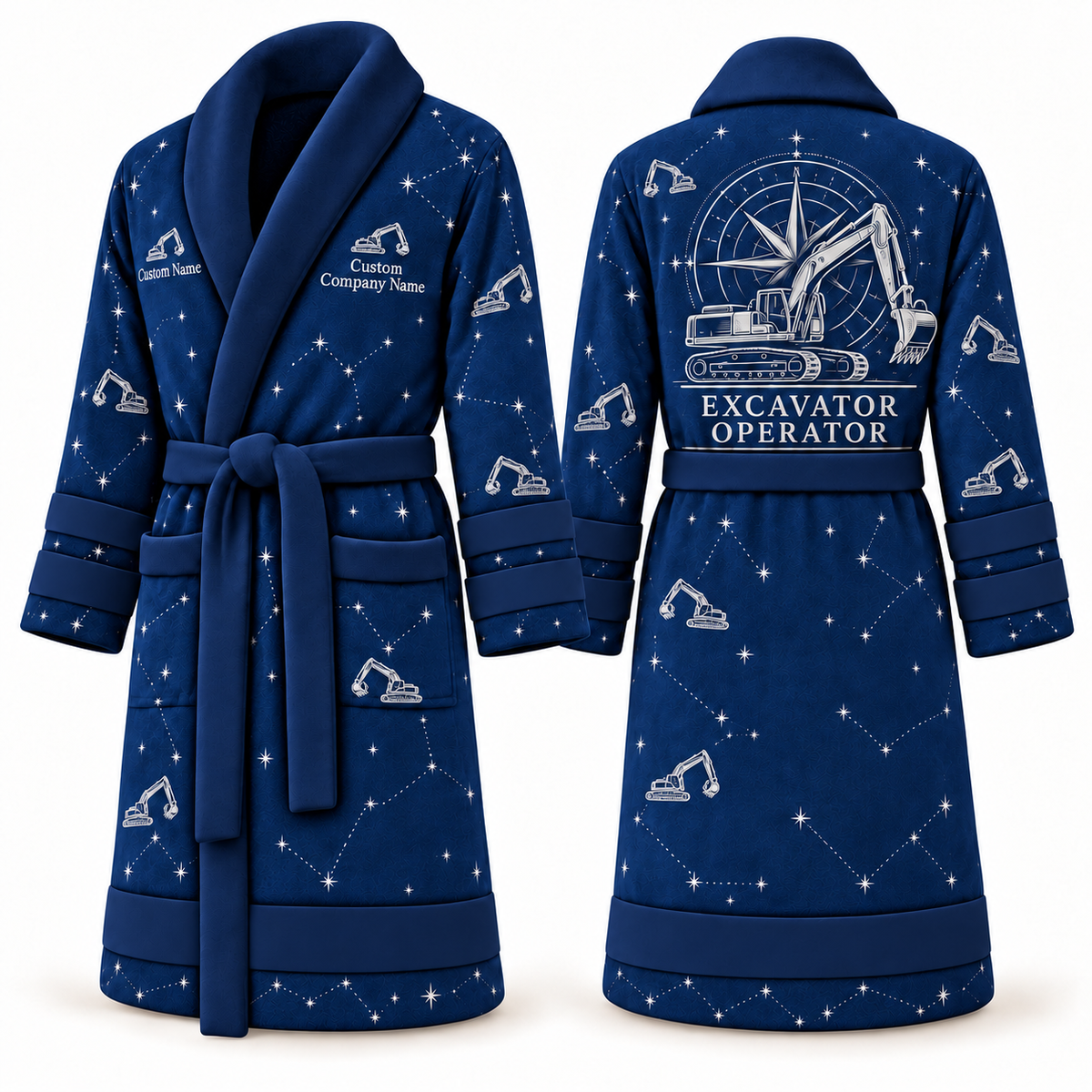 Personalized Excavator Operator Bathrobe - Night Shift blue front and back view