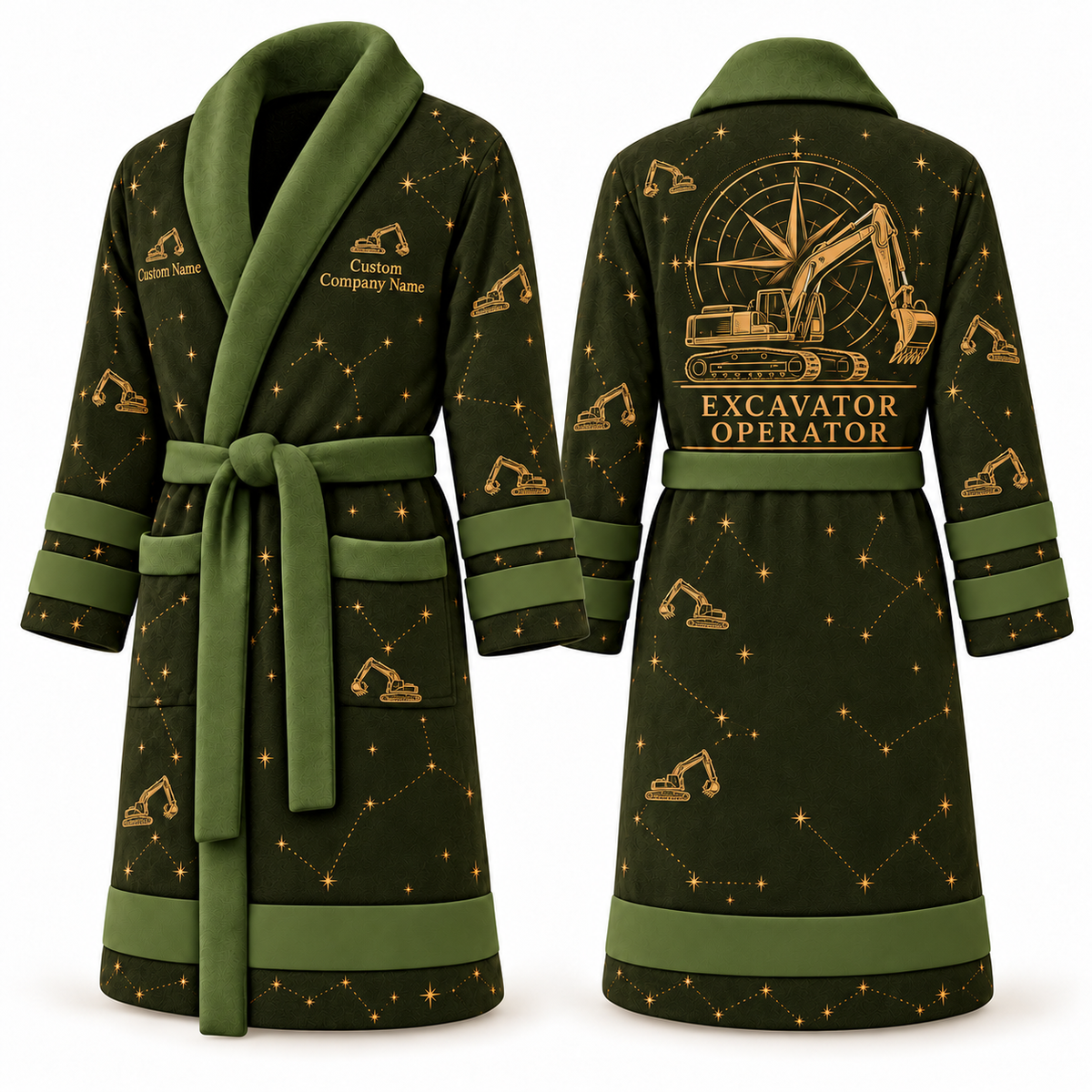 Personalized Excavator Operator Bathrobe - Night Shift olive front and back view