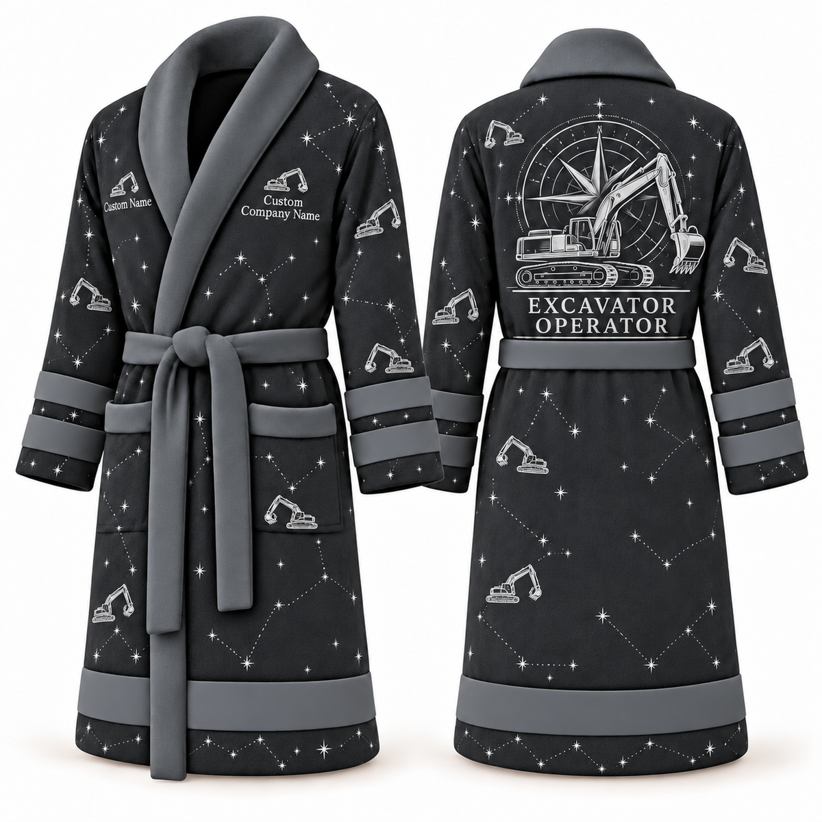 Personalized Excavator Operator Bathrobe - Night Shift slate front and back view
