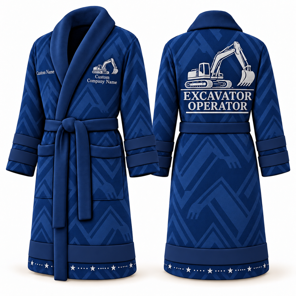 Personalized Excavator Operator Bathrobe - Signature Silhouette blue front and back view