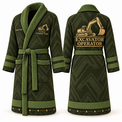 Personalized Excavator Operator Bathrobe - Signature Silhouette olive front and back view