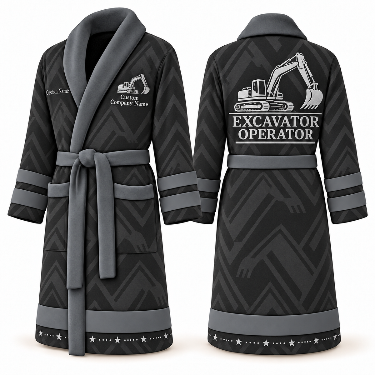 Personalized Excavator Operator Bathrobe - Signature Silhouette slate front and back view