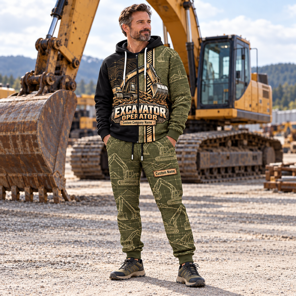 excavator operator full-zip hoodie and matching joggers - adult male lifestyle