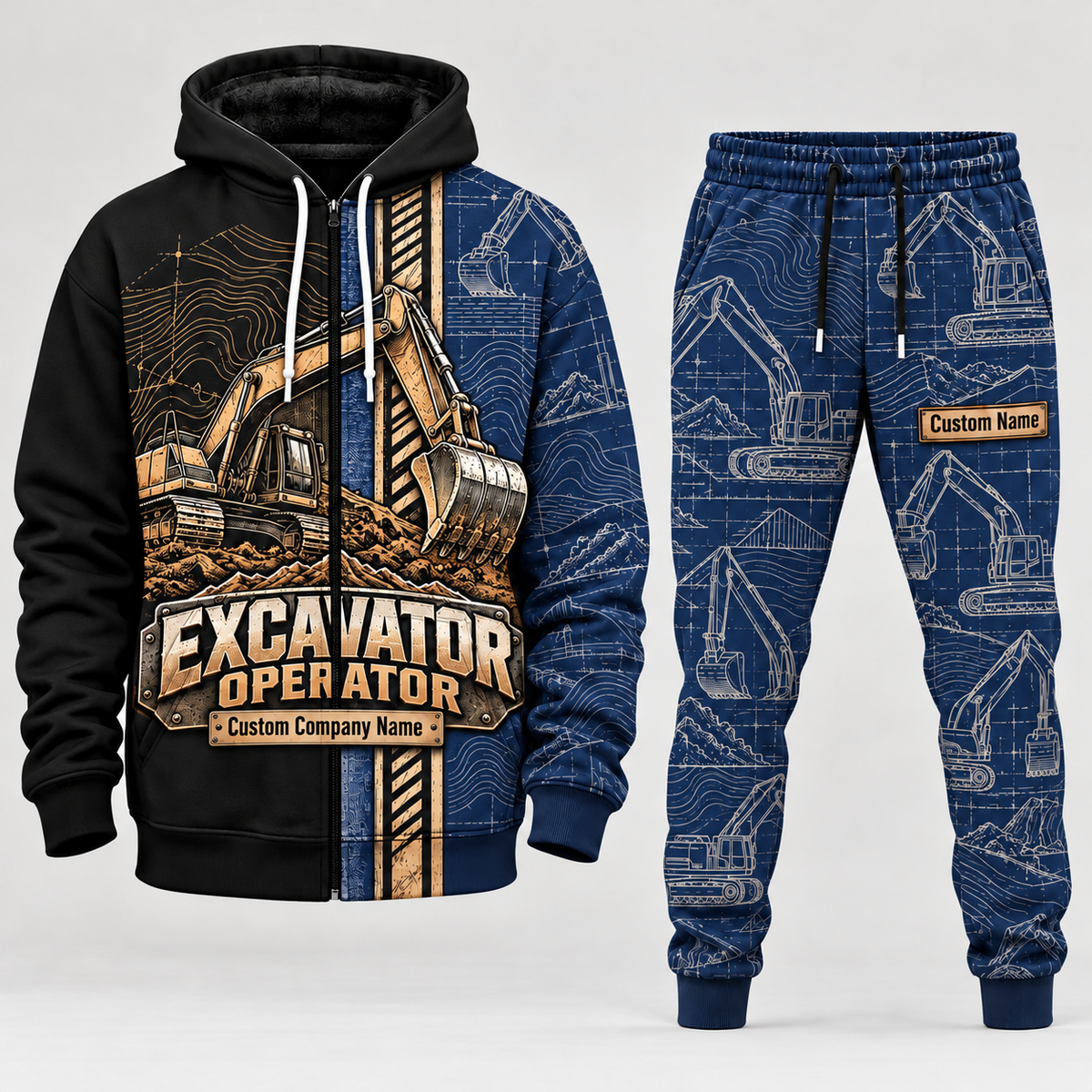 excavator operator full-zip hoodie and matching joggers - navy catalog view