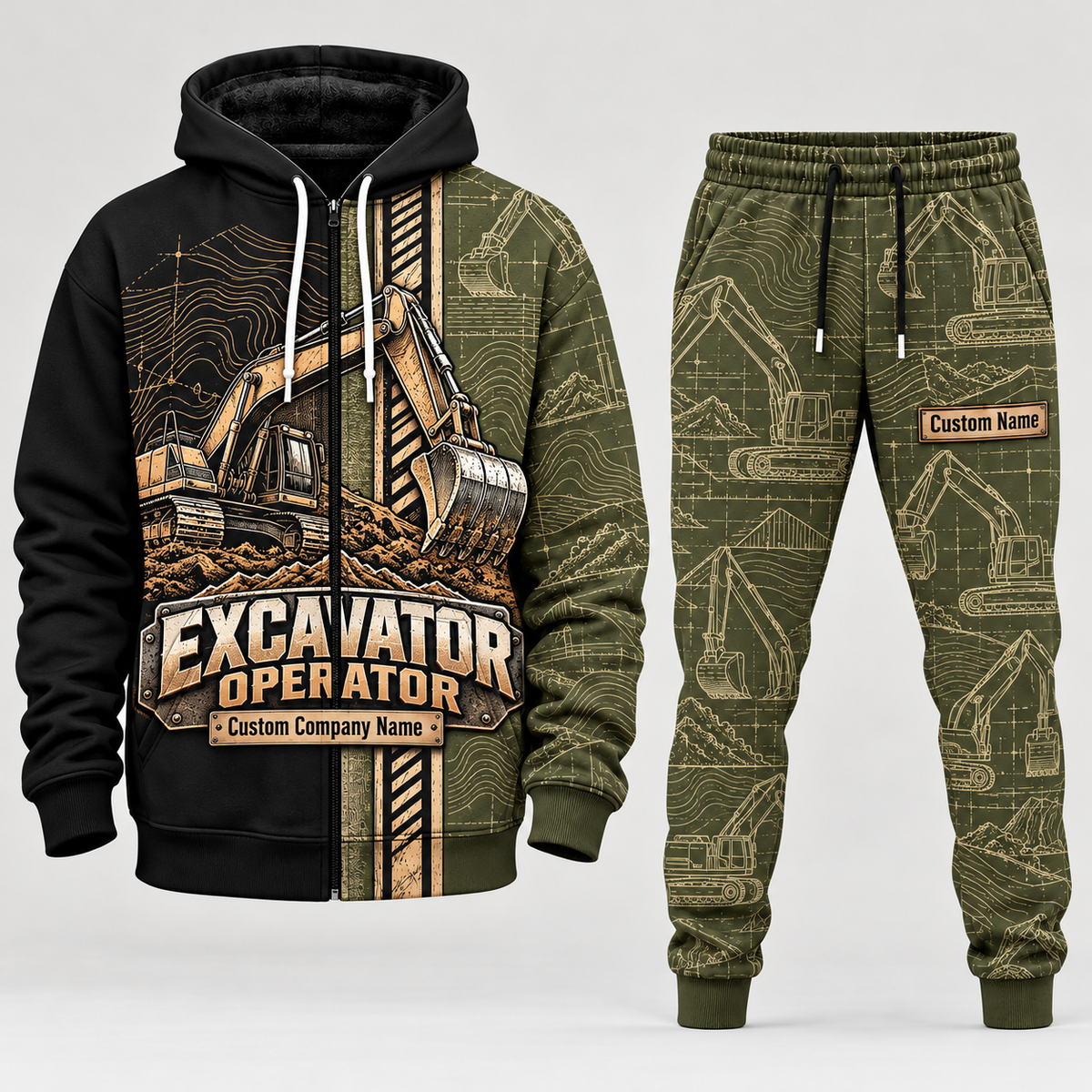 excavator operator full-zip hoodie and matching joggers - olive catalog view
