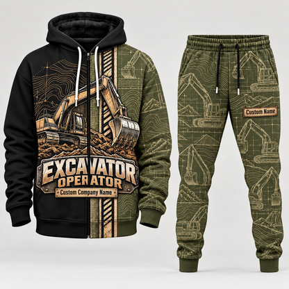 excavator operator full-zip hoodie and matching joggers - olive catalog view