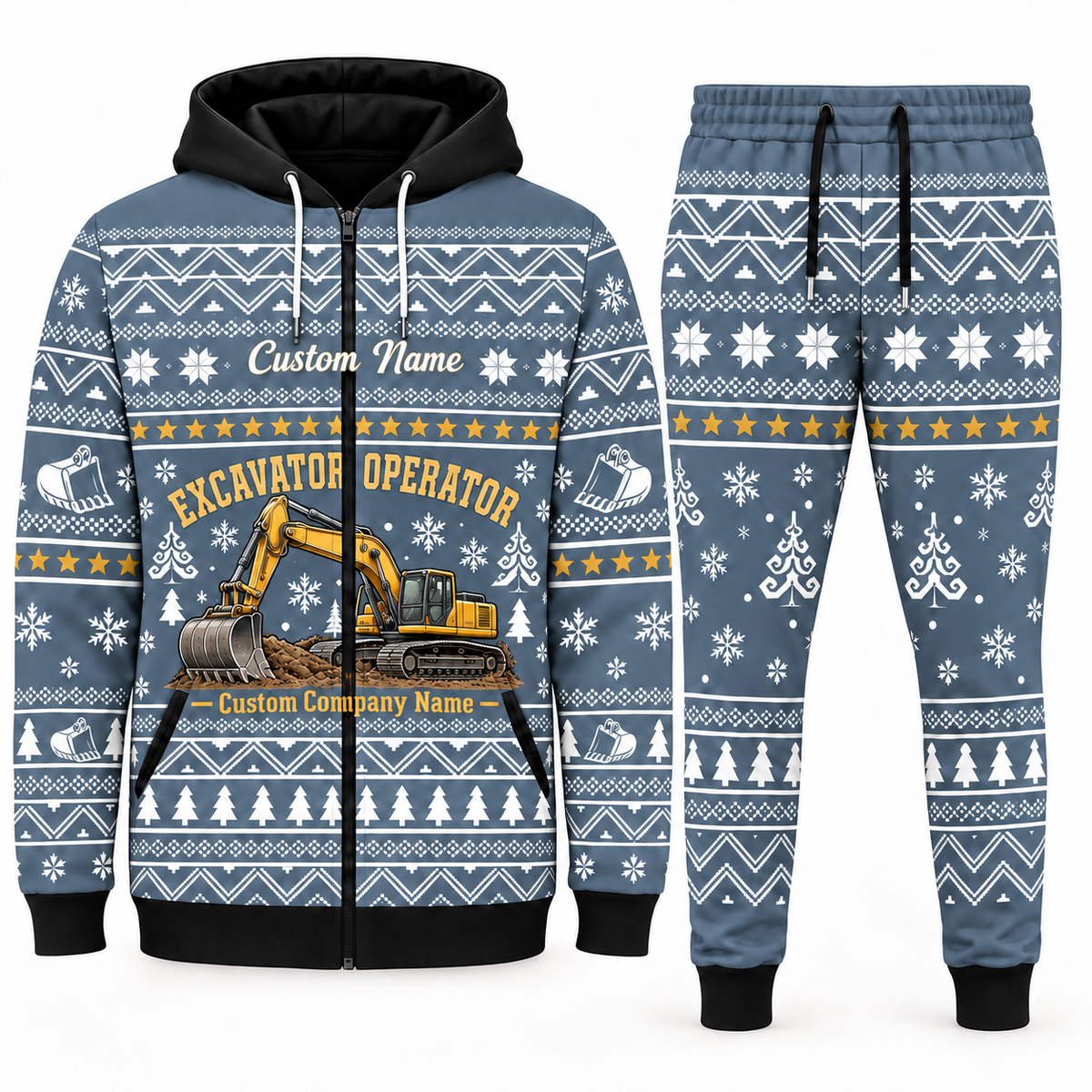 Excavator Operator blue-gray Winter Snowflake full-zip hoodie and jogger combo with Custom Name and Custom Company Name