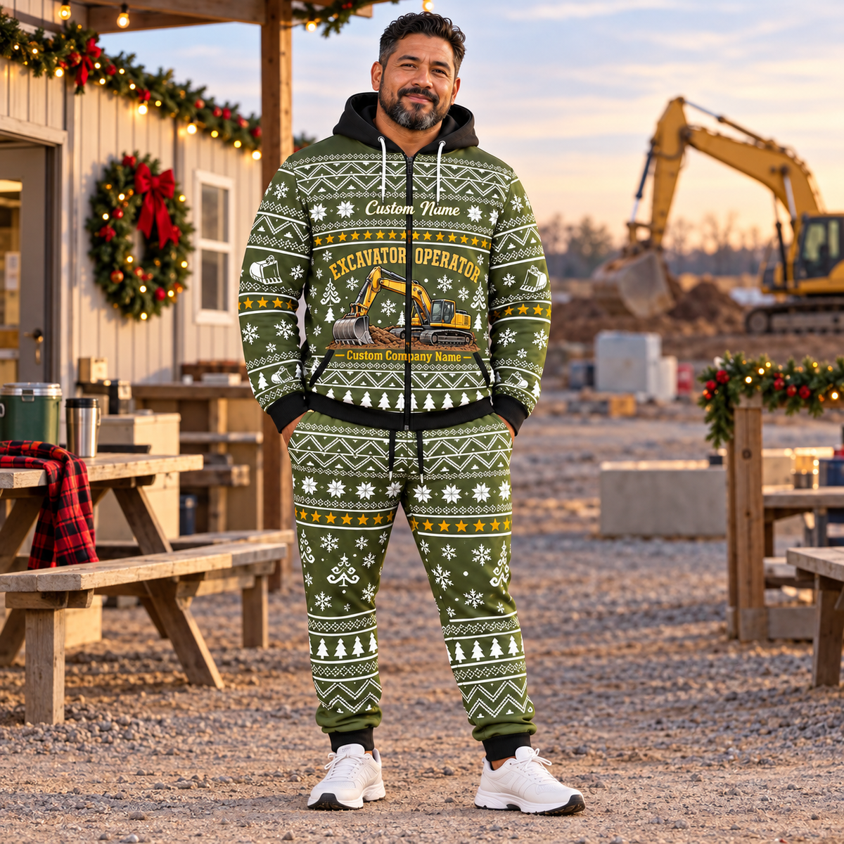 Excavator Operator hero Winter Snowflake full-zip hoodie and jogger combo with Custom Name and Custom Company Name