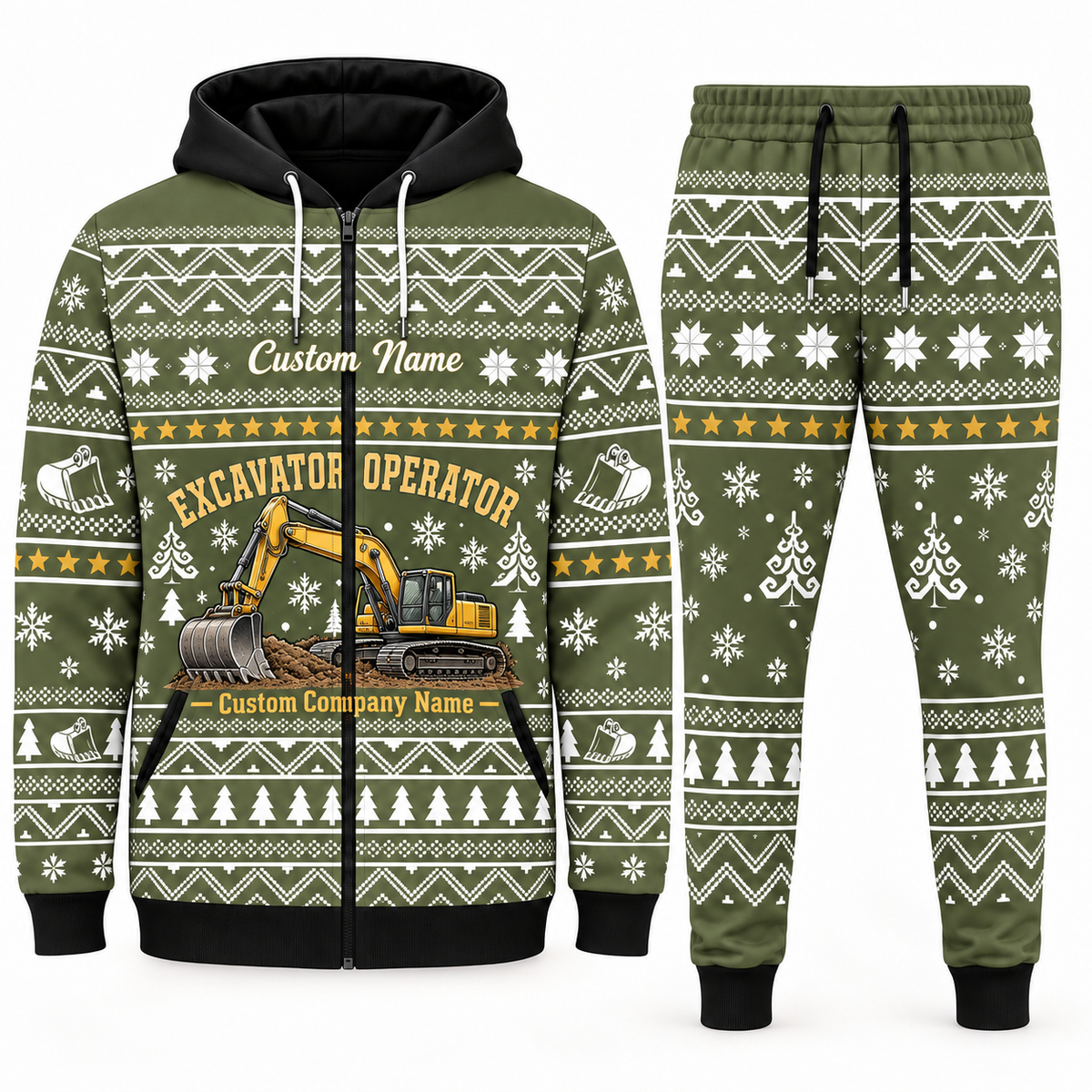 Excavator Operator olive Winter Snowflake full-zip hoodie and jogger combo with Custom Name and Custom Company Name