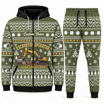 Excavator Operator olive Winter Snowflake full-zip hoodie and jogger combo with Custom Name and Custom Company Name
