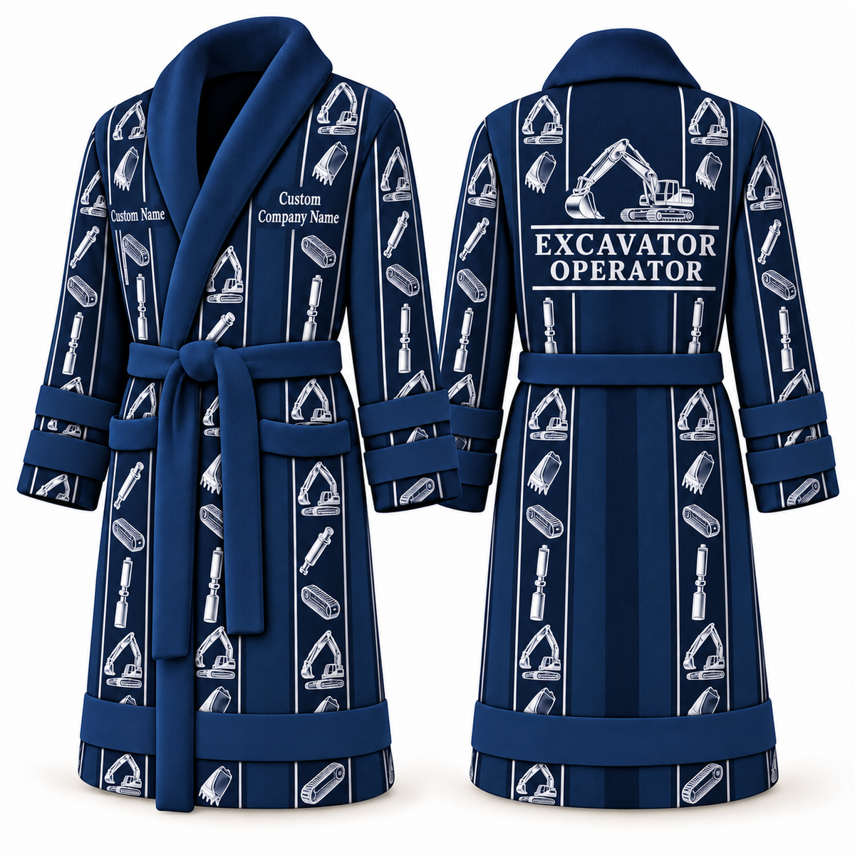 Personalized Excavator Operator Bathrobe - Workbench Stripes blue front and back view