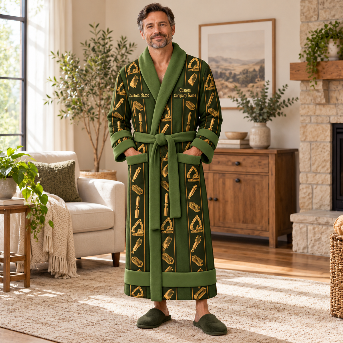 Personalized Excavator Operator Bathrobe - Workbench Stripes lifestyle view