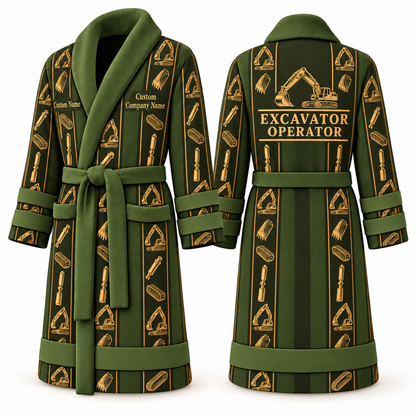 Personalized Excavator Operator Bathrobe - Workbench Stripes olive front and back view
