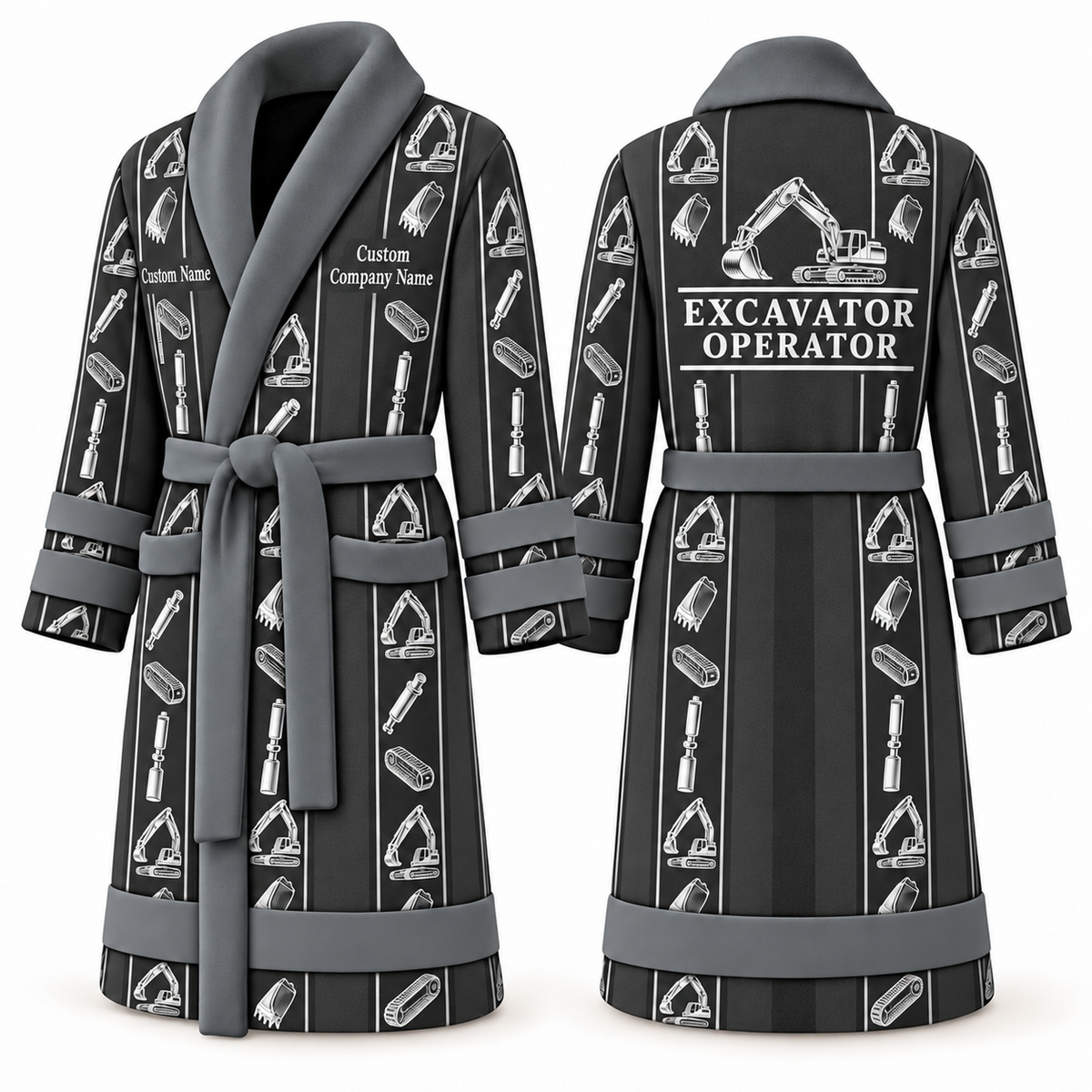 Personalized Excavator Operator Bathrobe - Workbench Stripes slate front and back view