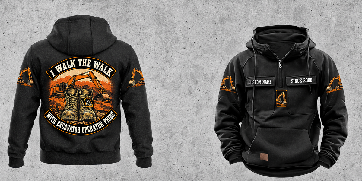 Excavator Operator Walk the Walk Badge Vintage Hoodie in Black, complete separated front and back views with sample text CUSTOM NAME and SINCE 2000.