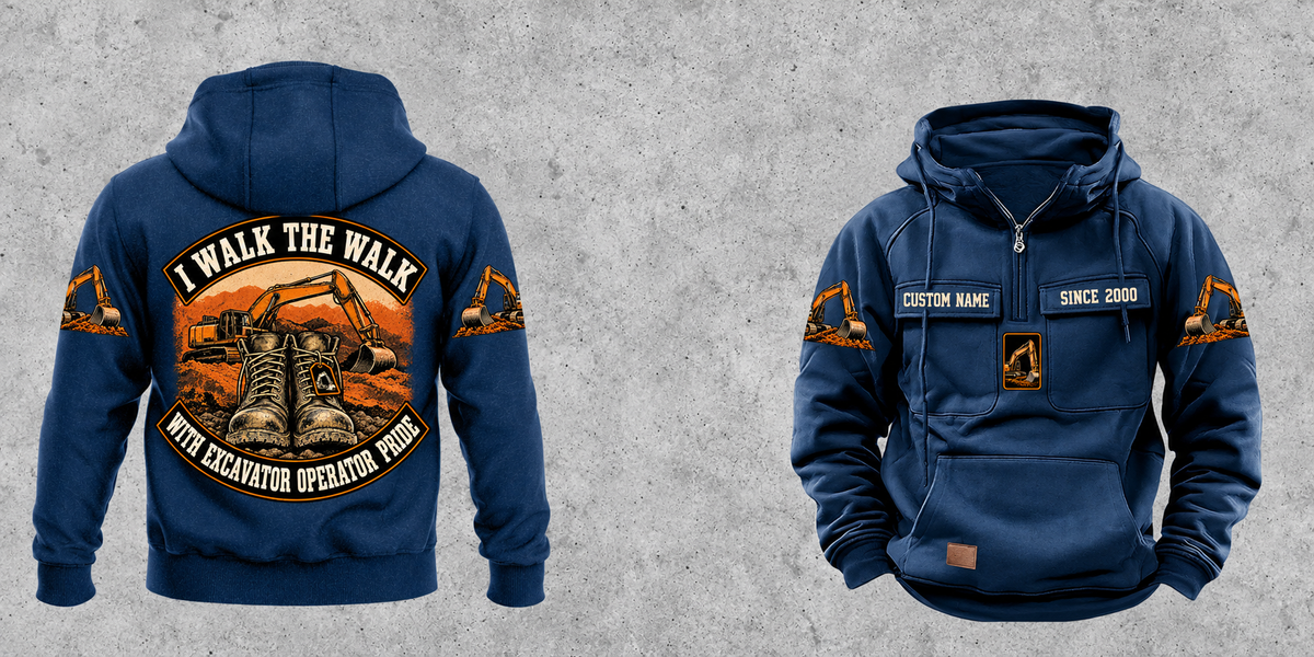 Excavator Operator Walk the Walk Badge Vintage Hoodie in Dark Blue, complete separated front and back views with sample text CUSTOM NAME and SINCE 2000.