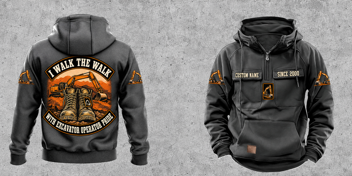 Excavator Operator Walk the Walk Badge Vintage Hoodie in Dark Gray, complete separated front and back views with sample text CUSTOM NAME and SINCE 2000.